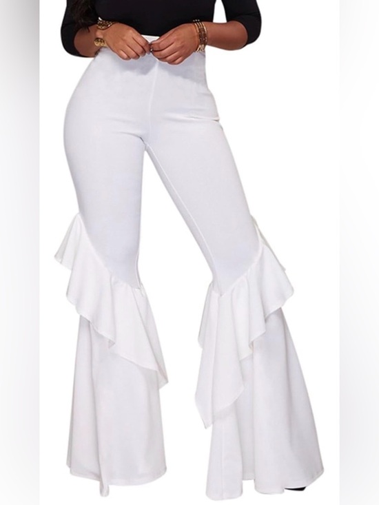 GUOLEZEEV Pants - GUOLEZEEV Womens High Waisted Ruffle Flare Fit Pants, White Wide Leg Trousers